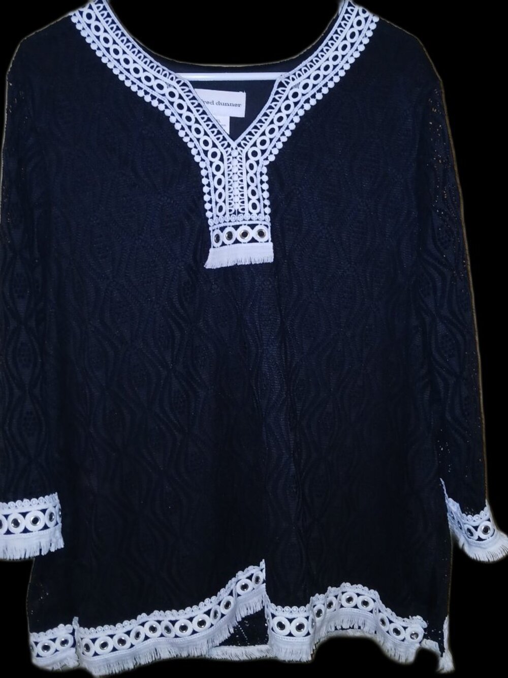 Alfred Dunner Black Lace Tunic Top Fringe Trim Long Sleeve Size XL